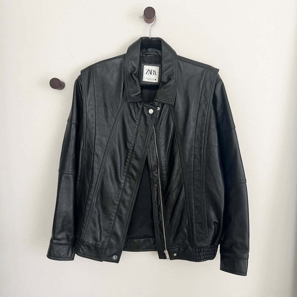Zara Black Oversized Leather Bomber Jacket